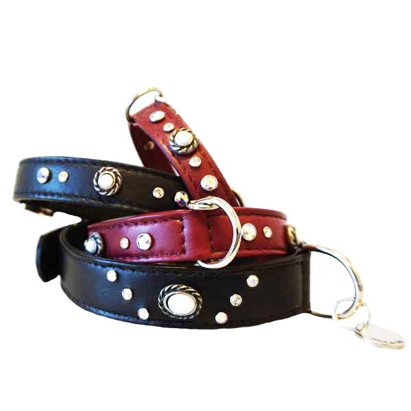 Læder Hundehalsbånd Med Swarovski Sten Sort Xs